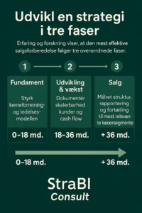 Infografik viser tre faser strategi for hvordan guiden hjælper med succesfuld salg af virksomhed